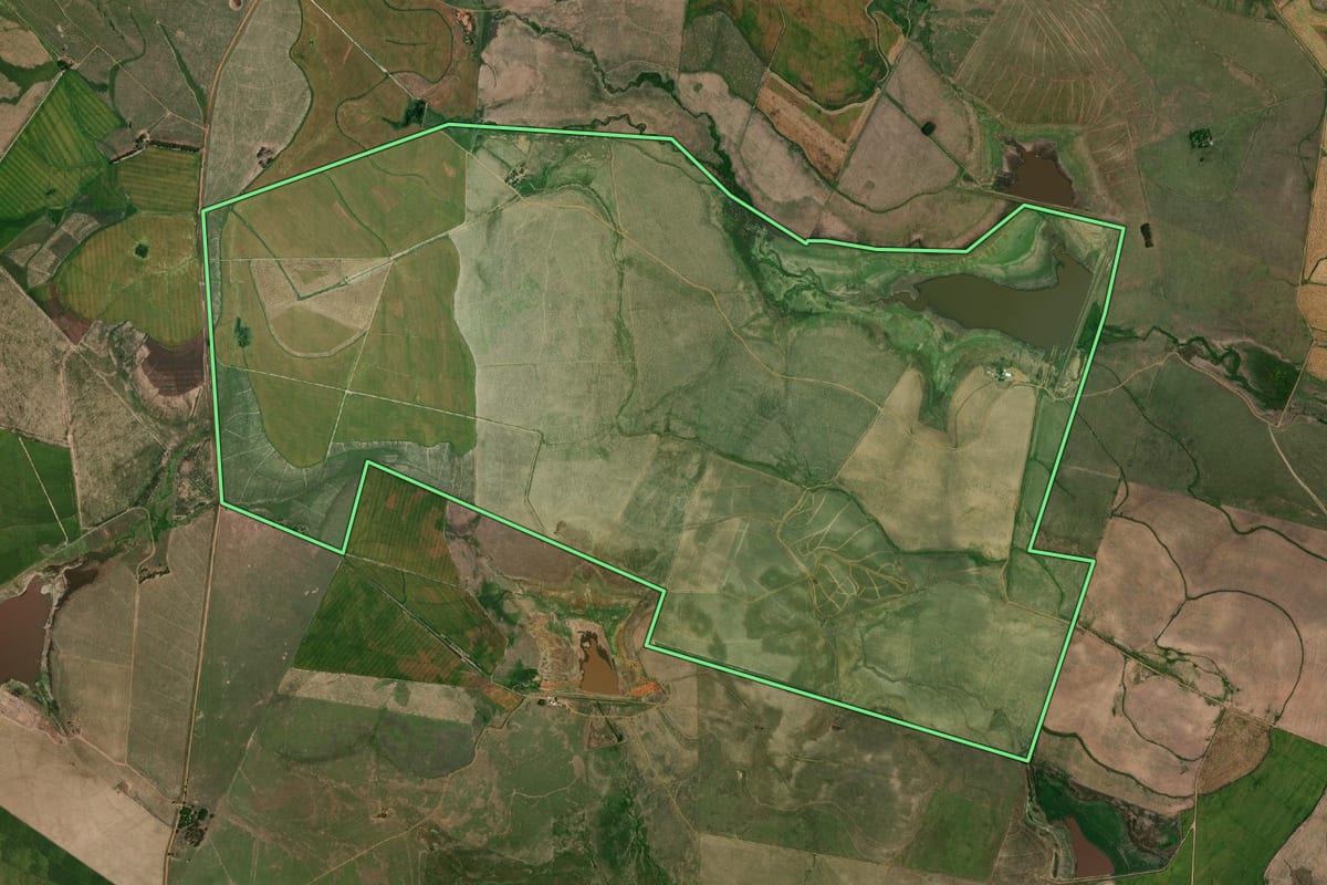 Imagem de satélite do imóvel rural em Barra do Quaraí (RS), com o contorno declarado no CAR desenhado por cima.