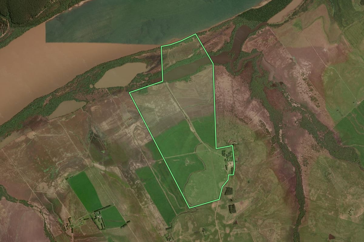 Imagem de satélite do imóvel rural em Barra do Quaraí (RS), com o contorno declarado no CAR desenhado por cima.