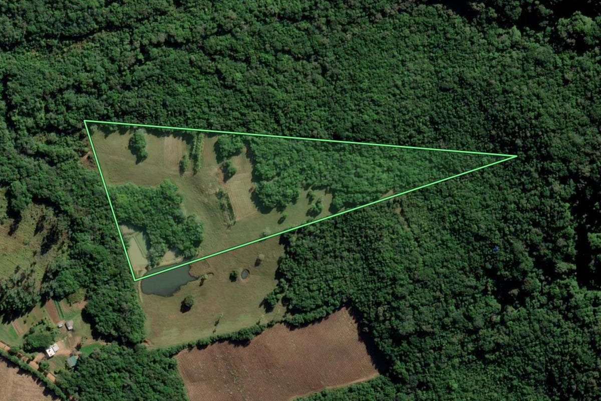 Imagem de satélite do imóvel rural em Barra do Ribeiro (RS), com o contorno declarado no CAR desenhado por cima.