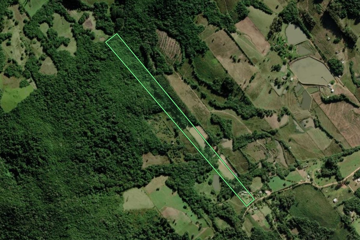 Imagem de satélite do imóvel rural em Barra do Ribeiro (RS), com o contorno declarado no CAR desenhado por cima.