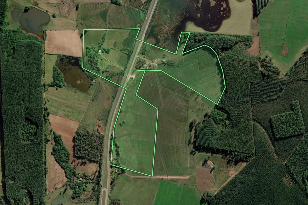 Imagem de satélite do imóvel rural em Barra do Ribeiro (RS), com o contorno declarado no CAR desenhado por cima.