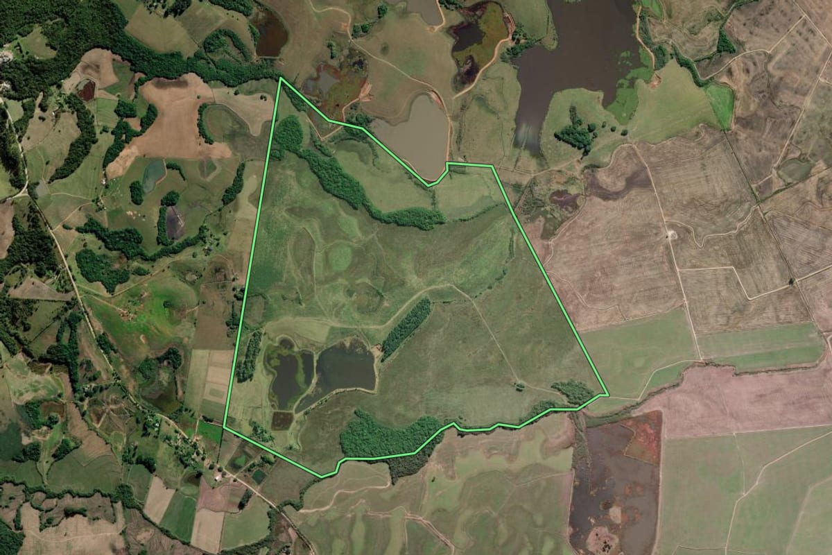 Imagem de satélite do imóvel rural em Barra do Ribeiro (RS), com o contorno declarado no CAR desenhado por cima.