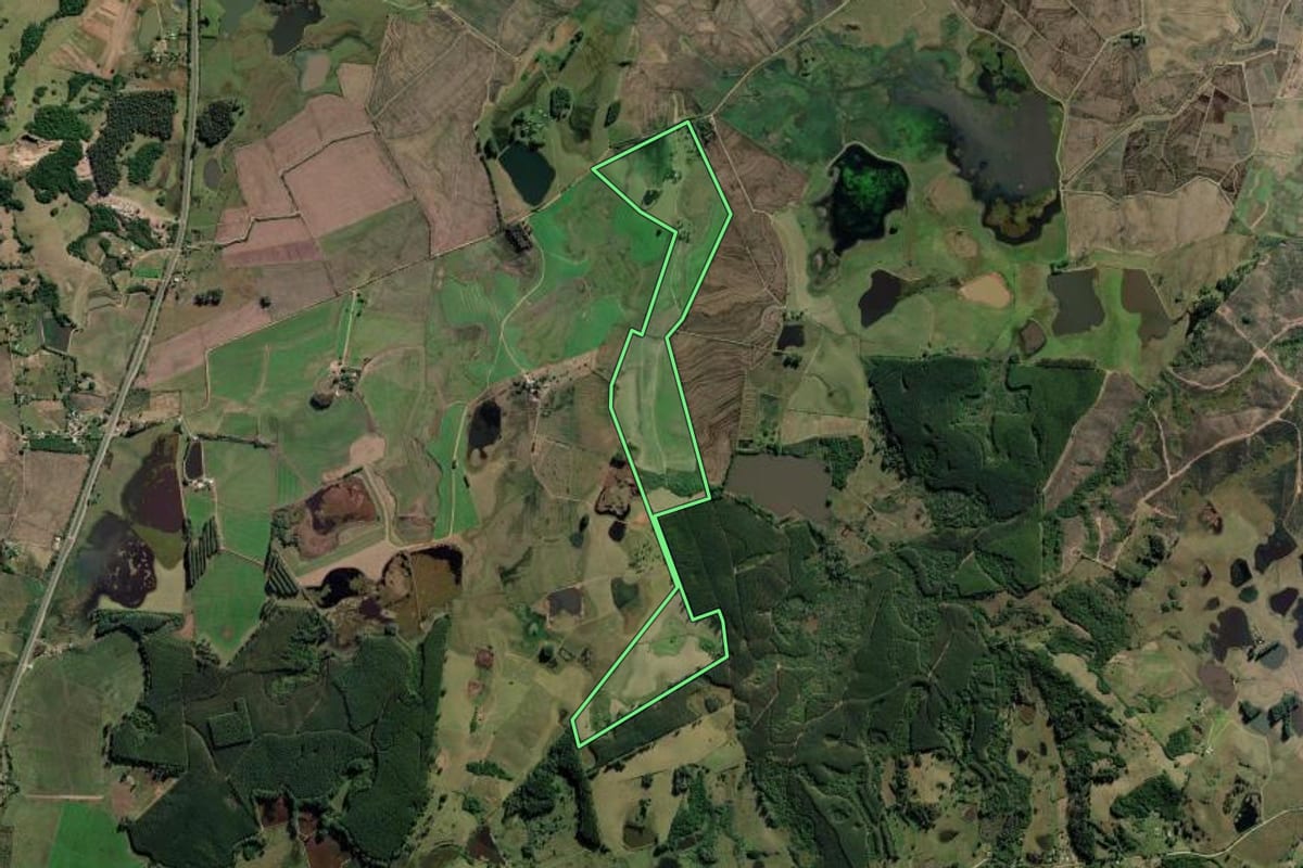 Imagem de satélite do imóvel rural em Barra do Ribeiro (RS), com o contorno declarado no CAR desenhado por cima.