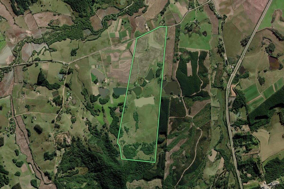 Imagem de satélite do imóvel rural em Barra do Ribeiro (RS), com o contorno declarado no CAR desenhado por cima.
