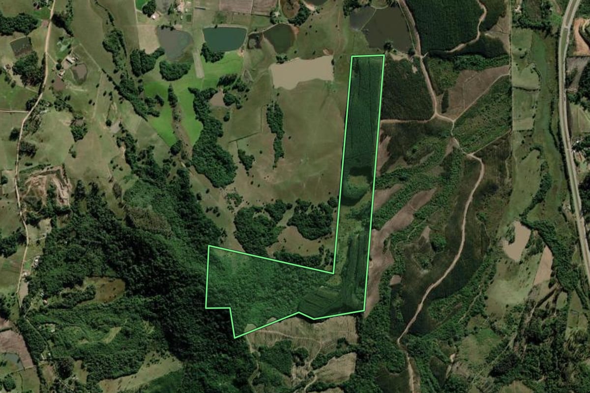 Imagem de satélite do imóvel rural em Barra do Ribeiro (RS), com o contorno declarado no CAR desenhado por cima.