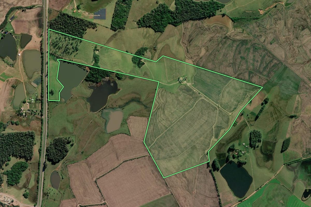 Imagem de satélite do imóvel rural em Barra do Ribeiro (RS), com o contorno declarado no CAR desenhado por cima.