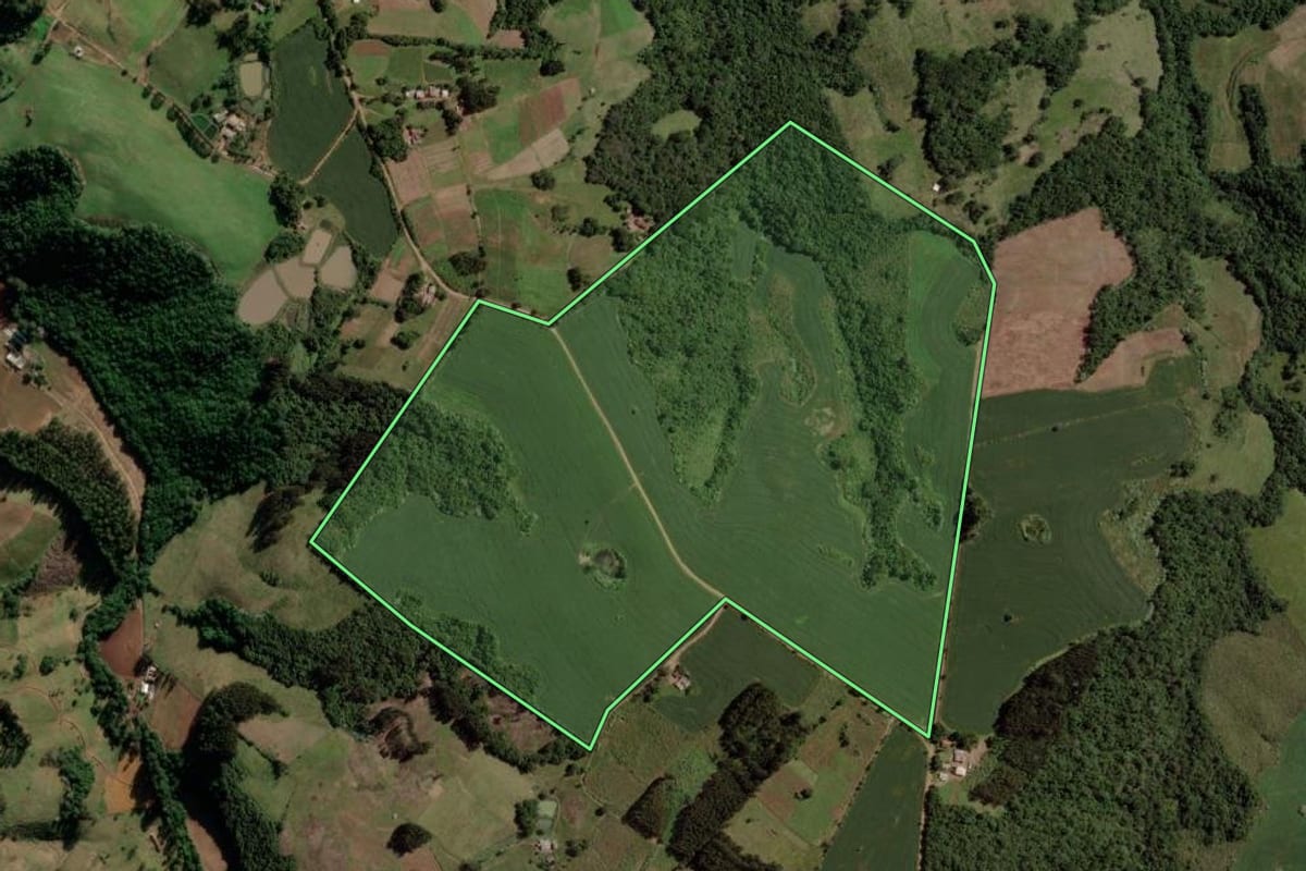 Imagem de satélite do imóvel rural em Barros Cassal (RS), com o contorno declarado no CAR desenhado por cima.