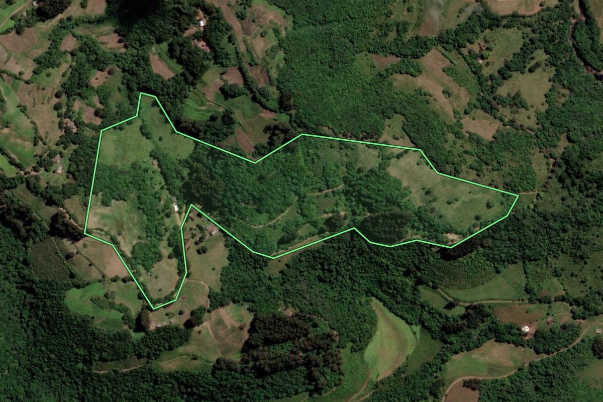 Imagem de satélite do imóvel rural em Barros Cassal (RS), com o contorno declarado no CAR desenhado por cima.