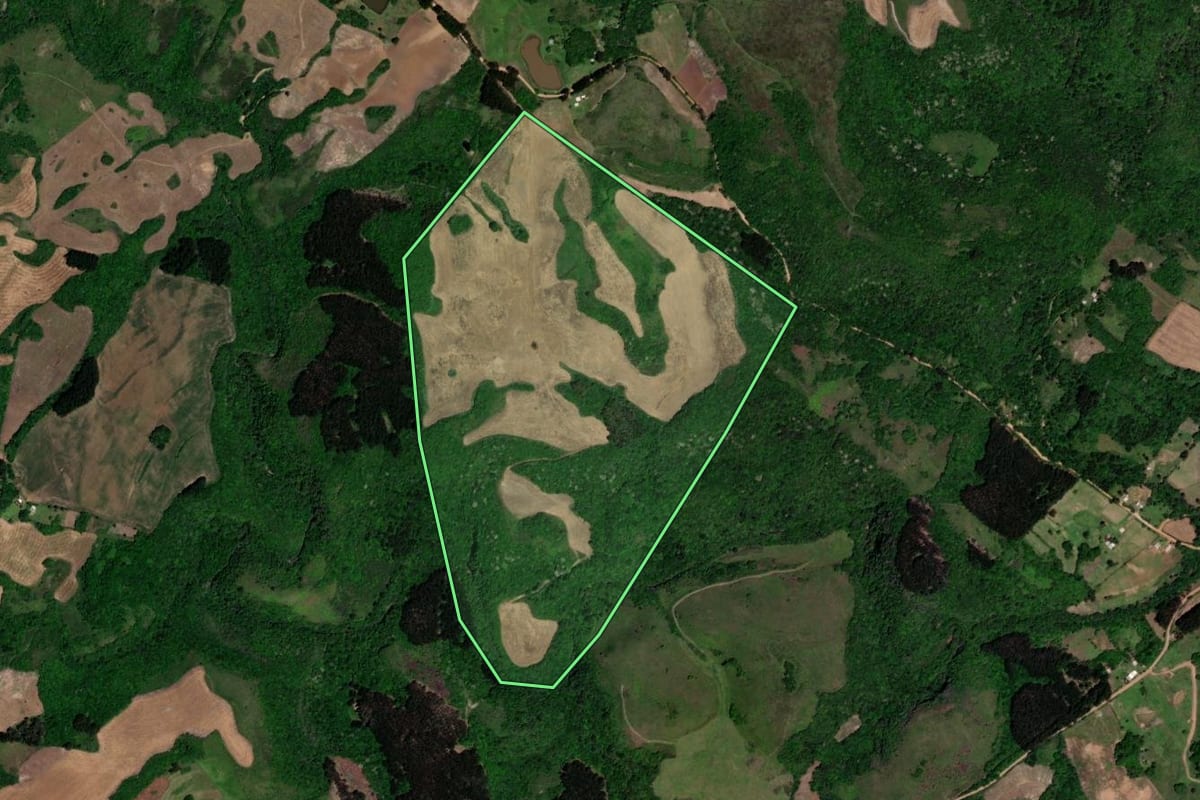Imagem de satélite do imóvel rural em Barros Cassal (RS), com o contorno declarado no CAR desenhado por cima.