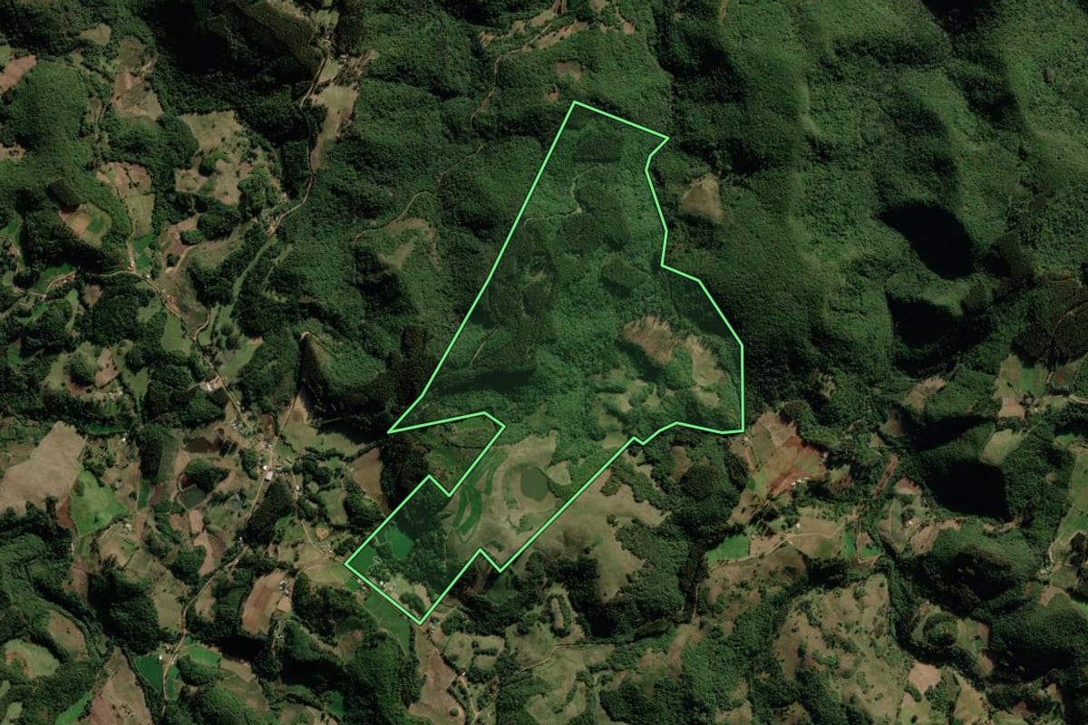 Imagem de satélite do imóvel rural em Barros Cassal (RS), com o contorno declarado no CAR desenhado por cima.