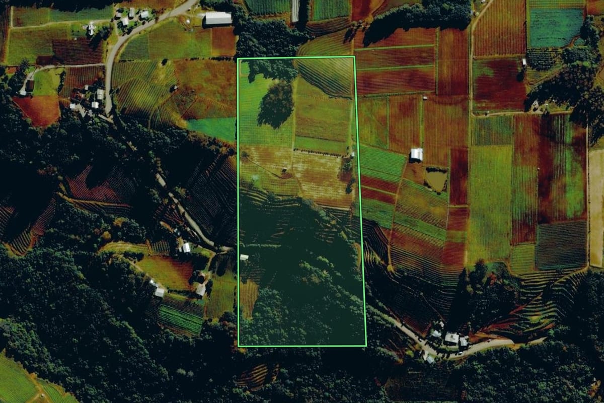 Imagem de satélite do imóvel rural em Bento Gonçalves (RS), com o contorno declarado no CAR desenhado por cima.
