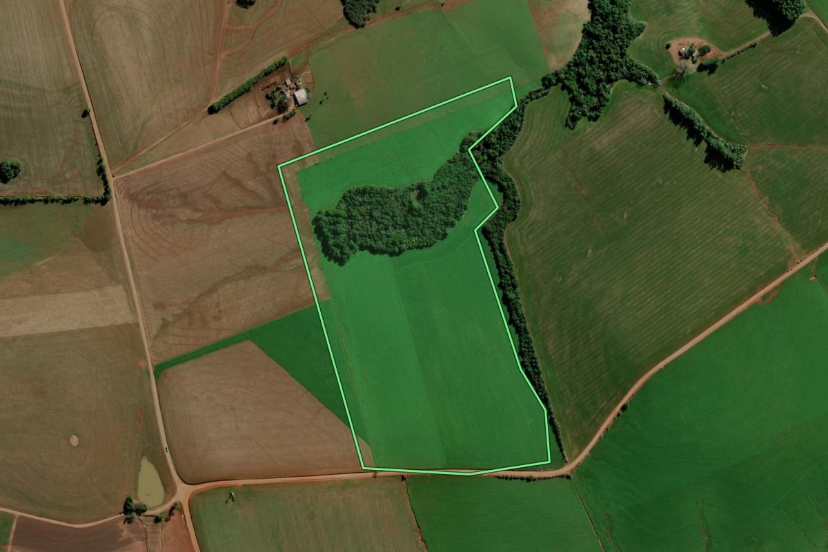 Imagem de satélite do imóvel rural em Boa Vista do Cadeado (RS), com o contorno declarado no CAR desenhado por cima.