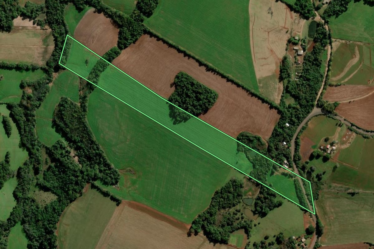 Imagem de satélite do imóvel rural em Boa Vista do Cadeado (RS), com o contorno declarado no CAR desenhado por cima.