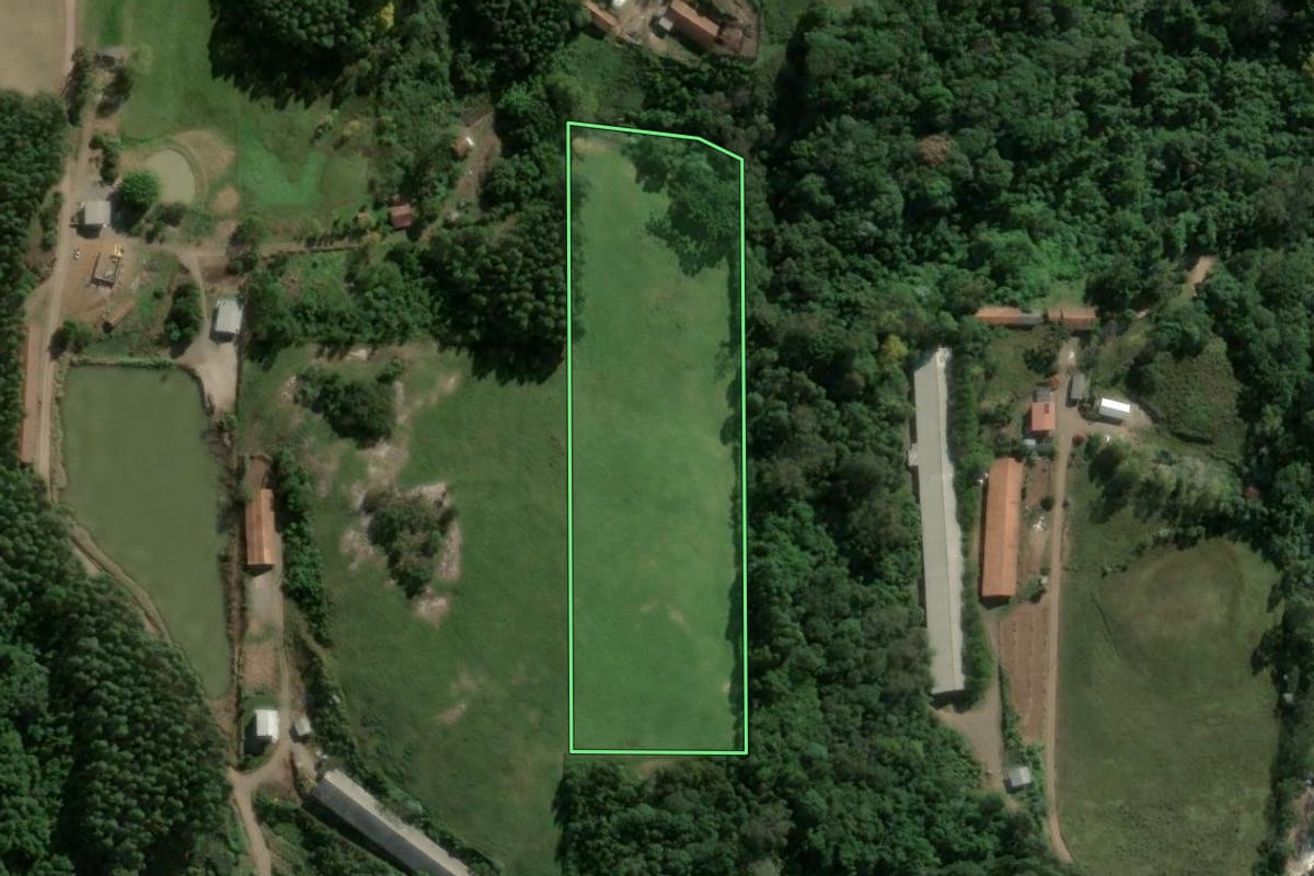 Imagem de satélite do imóvel rural em Boa Vista do Sul (RS), com o contorno declarado no CAR desenhado por cima.