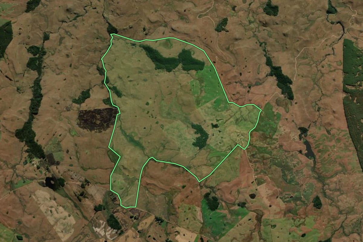 Imagem de satélite do imóvel rural em Bom Jesus (RS), com o contorno declarado no CAR desenhado por cima.