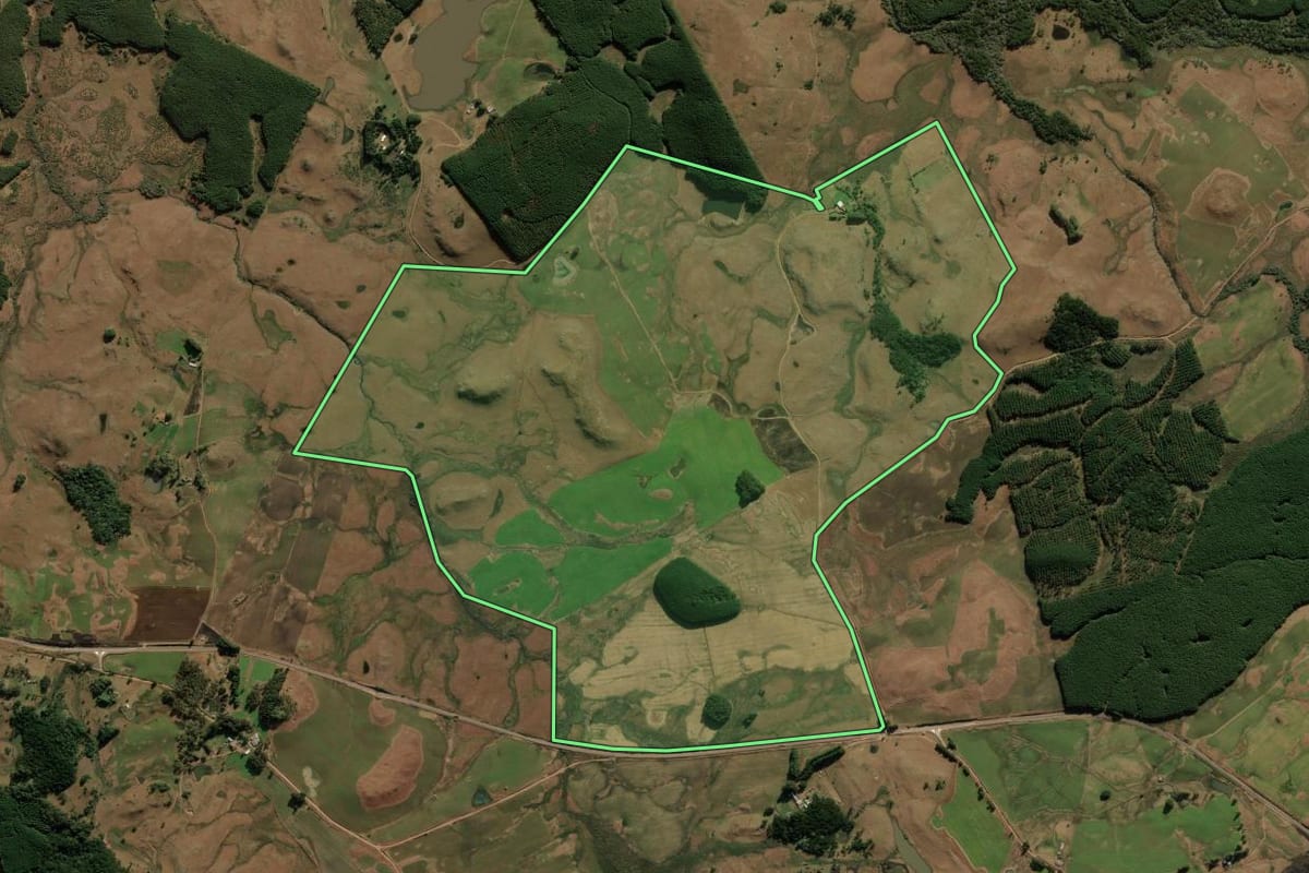 Imagem de satélite do imóvel rural em Bom Jesus (RS), com o contorno declarado no CAR desenhado por cima.