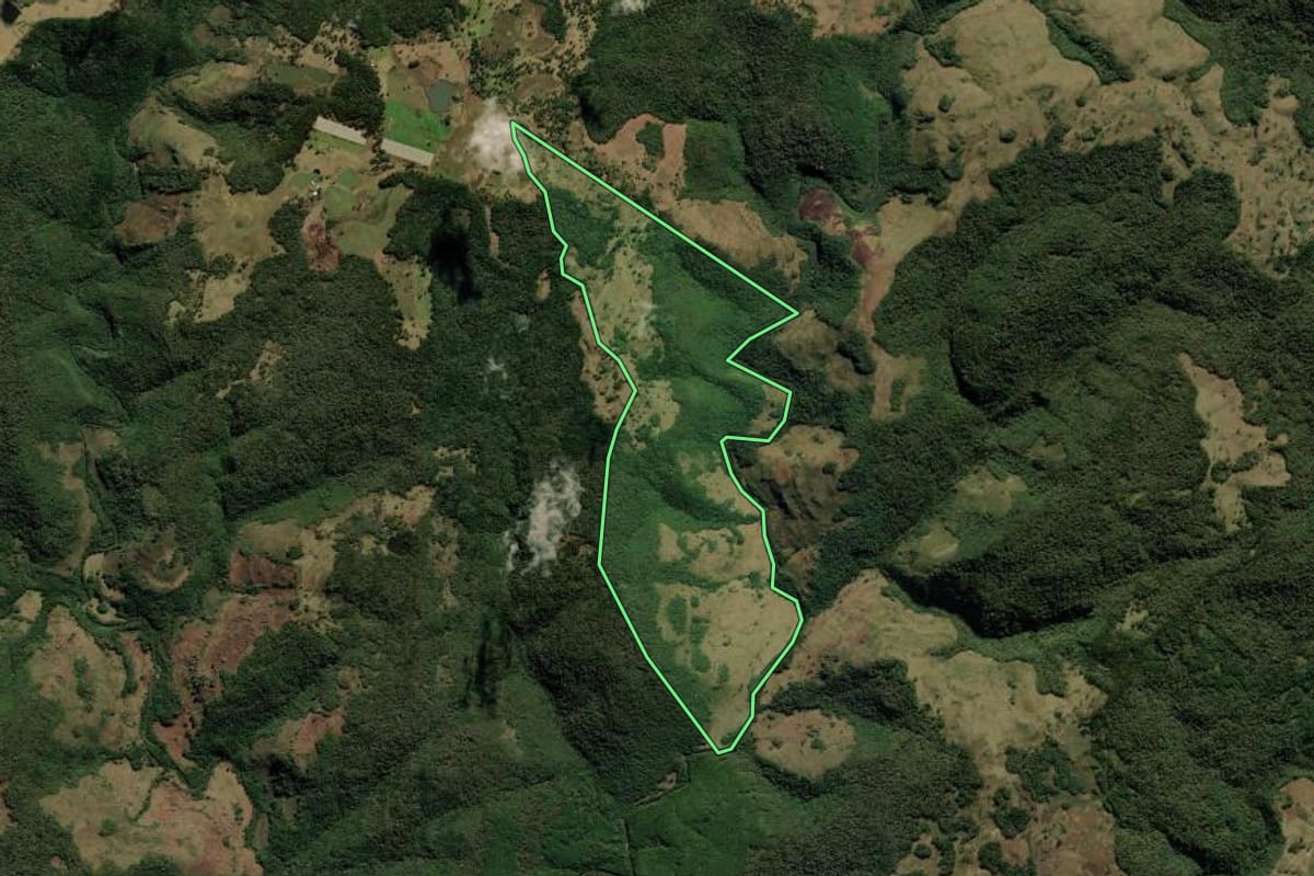 Imagem de satélite do imóvel rural em Bom Jesus (RS), com o contorno declarado no CAR desenhado por cima.