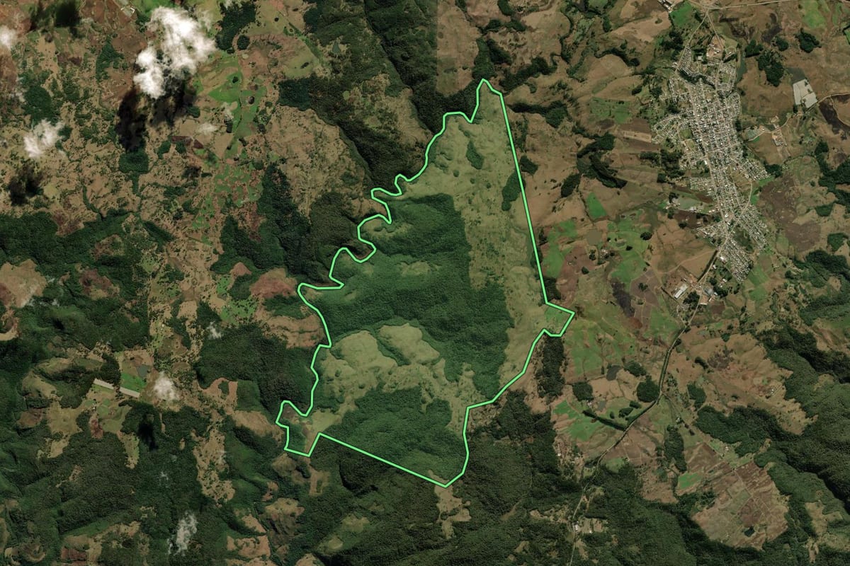 Imagem de satélite do imóvel rural em Bom Jesus (RS), com o contorno declarado no CAR desenhado por cima.
