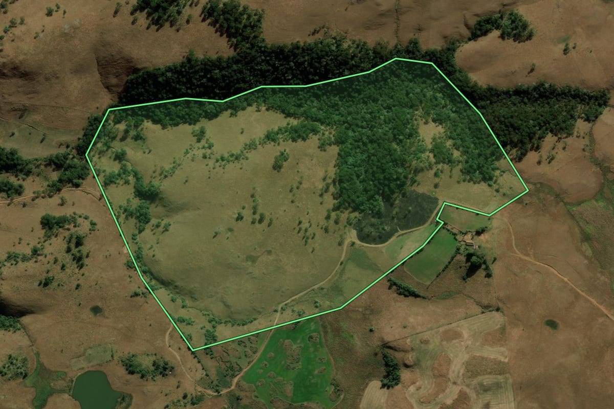 Imagem de satélite do imóvel rural em Bom Jesus (RS), com o contorno declarado no CAR desenhado por cima.
