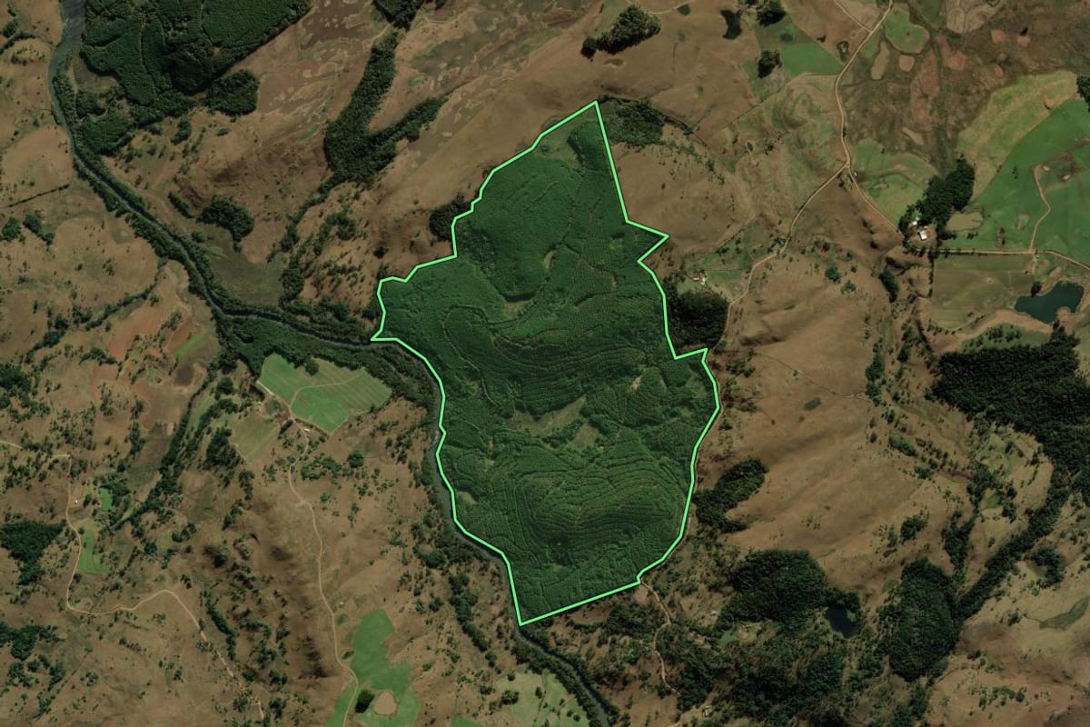 Imagem de satélite do imóvel rural em Bom Jesus (RS), com o contorno declarado no CAR desenhado por cima.