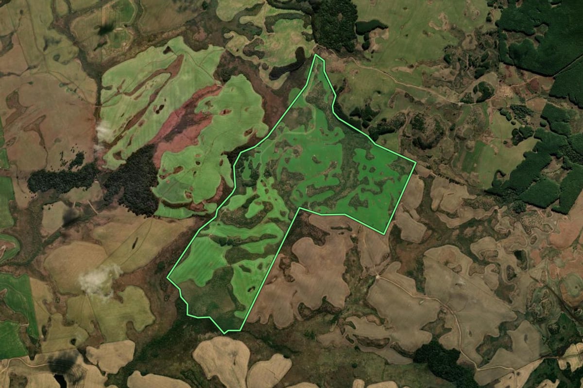 Imagem de satélite do imóvel rural em Bom Jesus (RS), com o contorno declarado no CAR desenhado por cima.