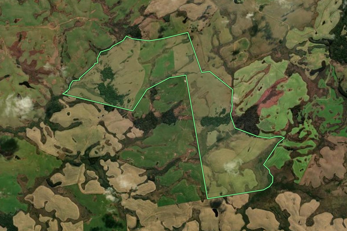 Imagem de satélite do imóvel rural em Bom Jesus (RS), com o contorno declarado no CAR desenhado por cima.