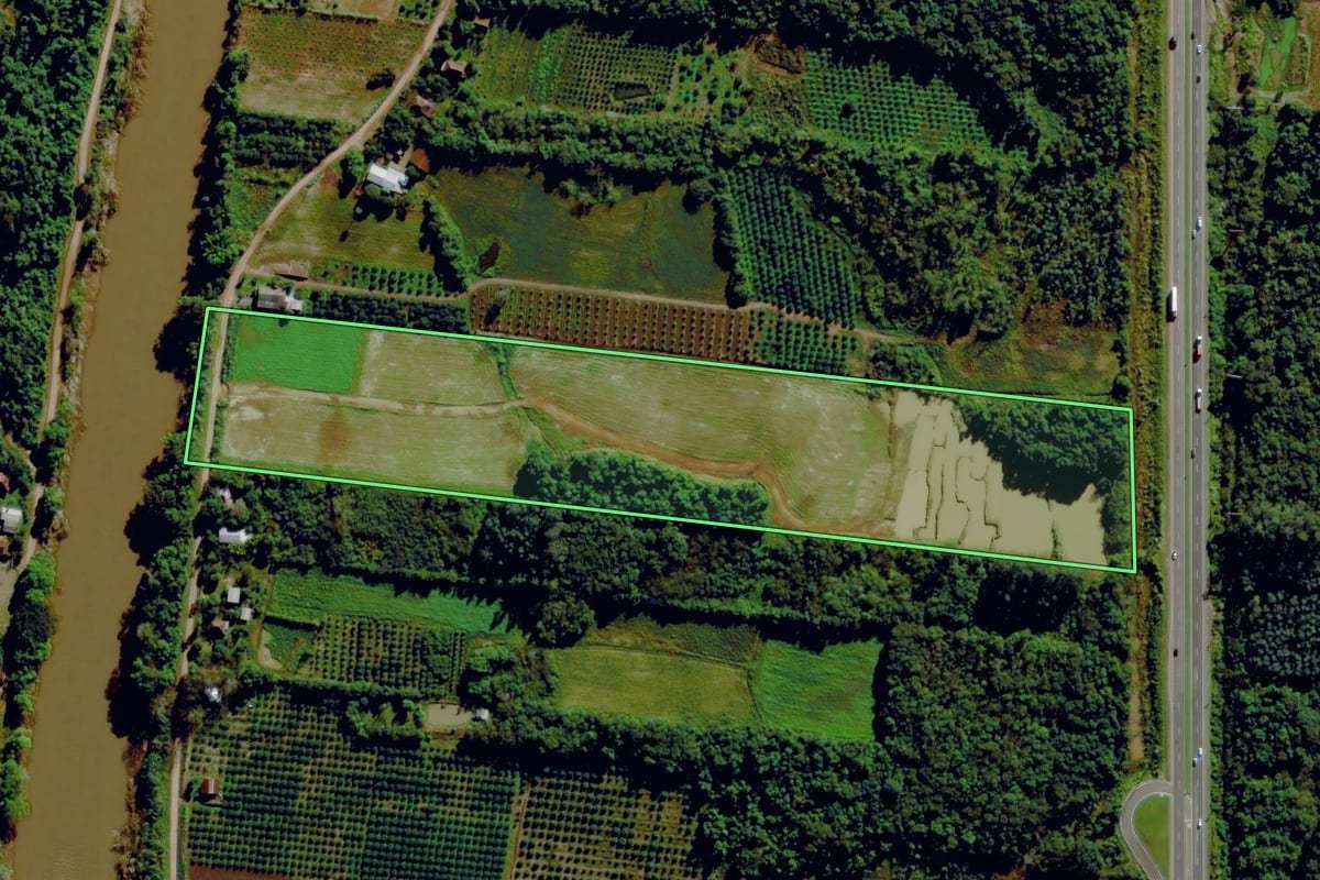Imagem de satélite do imóvel rural em Bom Princípio (RS), com o contorno declarado no CAR desenhado por cima.