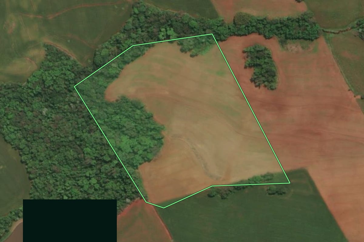 Imagem de satélite do imóvel rural em Bom Progresso (RS), com o contorno declarado no CAR desenhado por cima.