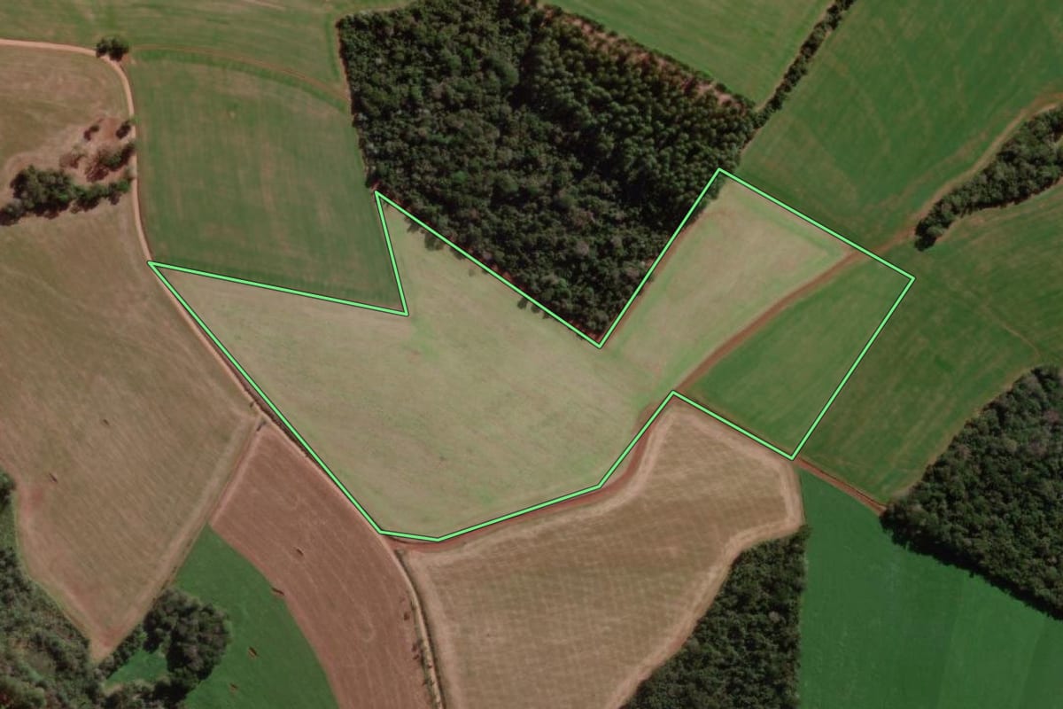 Imagem de satélite do imóvel rural em Bom Progresso (RS), com o contorno declarado no CAR desenhado por cima.