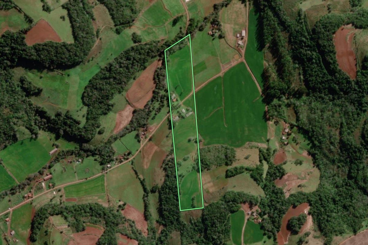 Imagem de satélite do imóvel rural em Bom Progresso (RS), com o contorno declarado no CAR desenhado por cima.