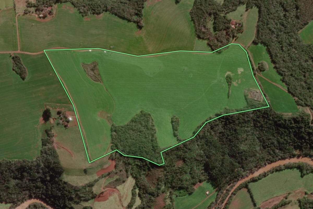 Imagem de satélite do imóvel rural em Bom Progresso (RS), com o contorno declarado no CAR desenhado por cima.