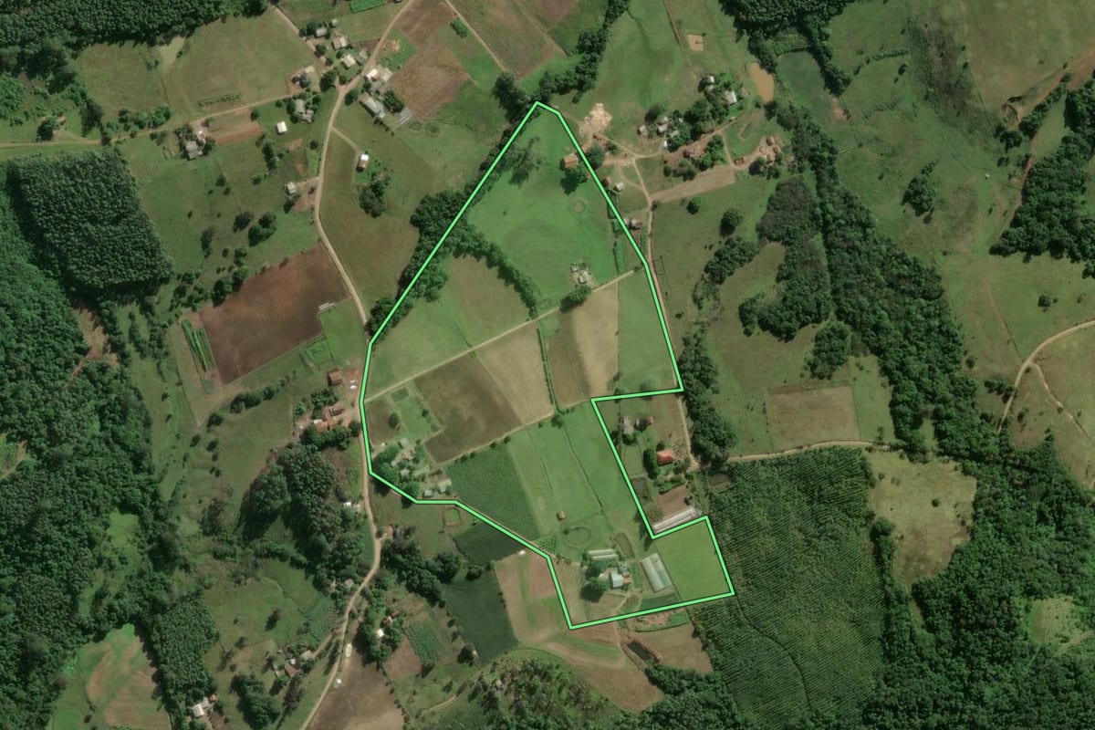 Imagem de satélite do imóvel rural em Bom Retiro do Sul (RS), com o contorno declarado no CAR desenhado por cima.