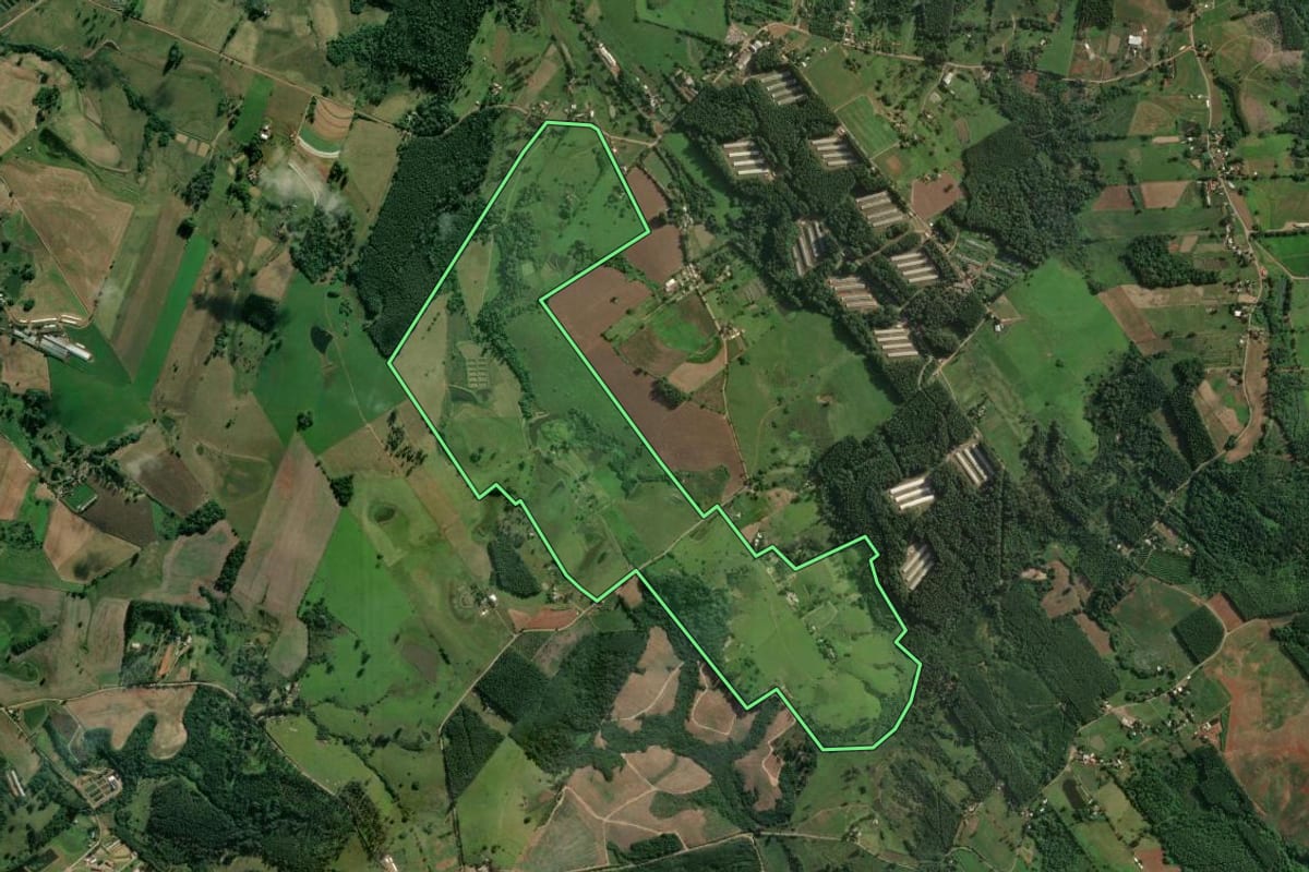 Imagem de satélite do imóvel rural em Bom Retiro do Sul (RS), com o contorno declarado no CAR desenhado por cima.