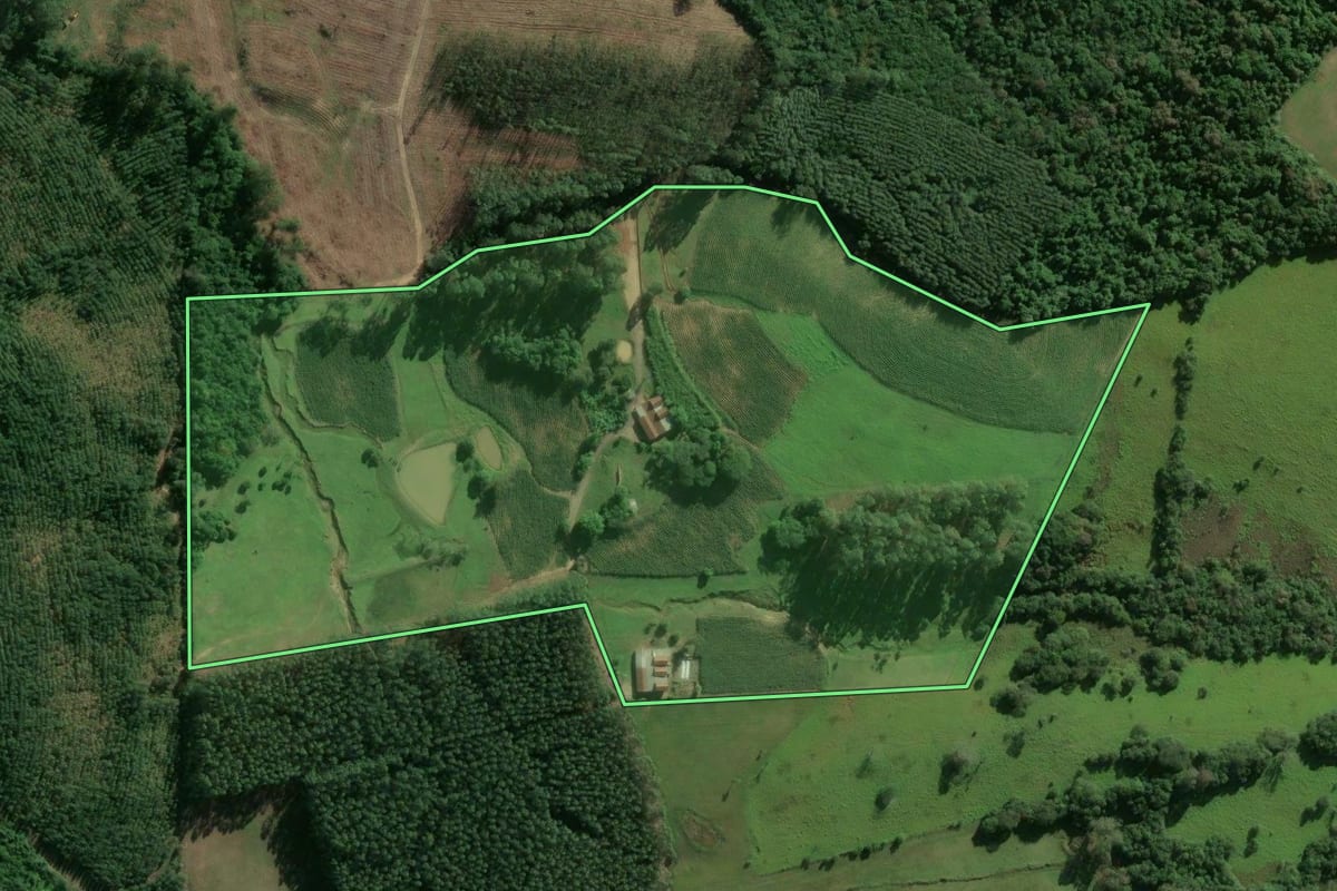 Imagem de satélite do imóvel rural em Bom Retiro do Sul (RS), com o contorno declarado no CAR desenhado por cima.