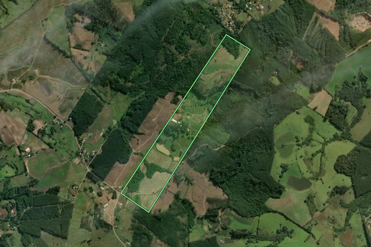 Imagem de satélite do imóvel rural em Bom Retiro do Sul (RS), com o contorno declarado no CAR desenhado por cima.