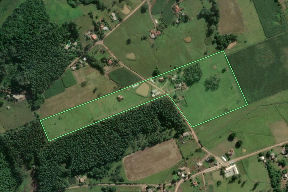 Imagem de satélite do imóvel rural em Bom Retiro do Sul (RS), com o contorno declarado no CAR desenhado por cima.