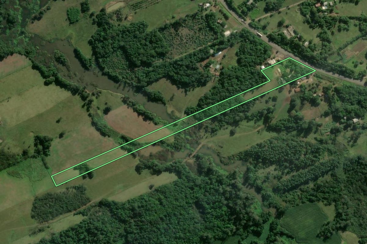 Imagem de satélite do imóvel rural em Bom Retiro do Sul (RS), com o contorno declarado no CAR desenhado por cima.