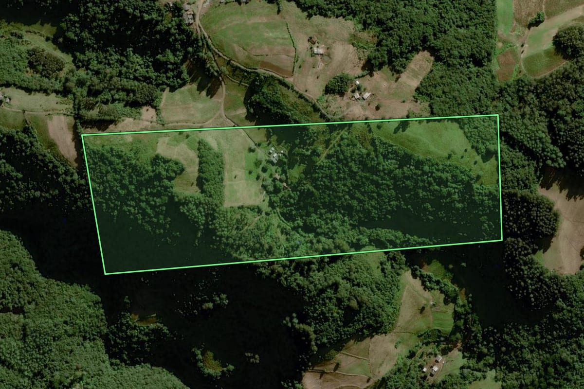 Imagem de satélite do imóvel rural em Boqueirão do Leão (RS), com o contorno declarado no CAR desenhado por cima.