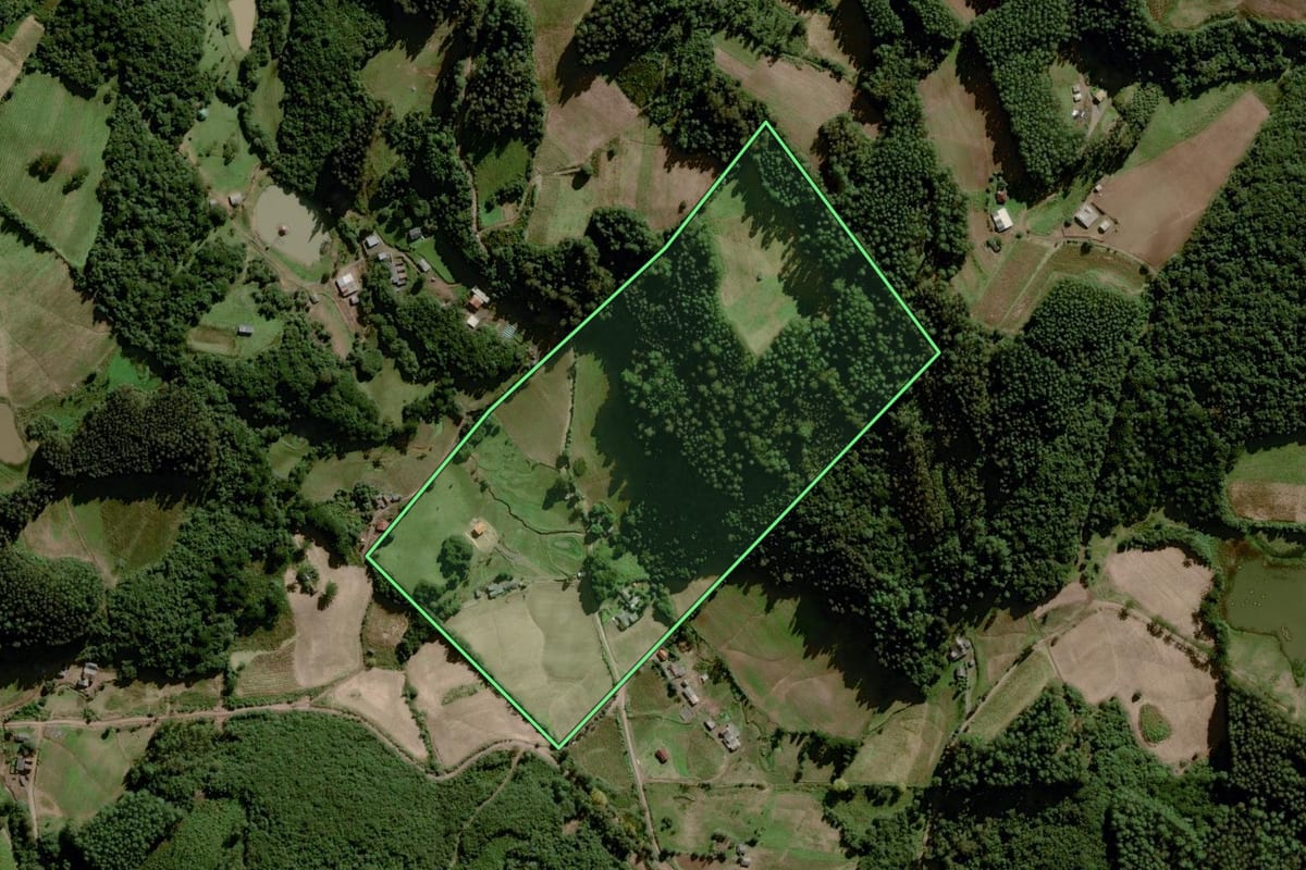 Imagem de satélite do imóvel rural em Boqueirão do Leão (RS), com o contorno declarado no CAR desenhado por cima.