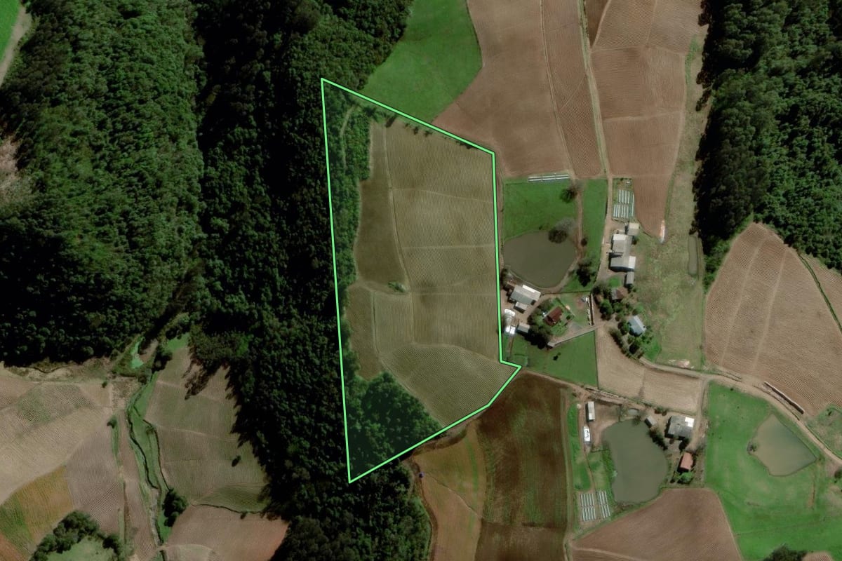 Imagem de satélite do imóvel rural em Boqueirão do Leão (RS), com o contorno declarado no CAR desenhado por cima.