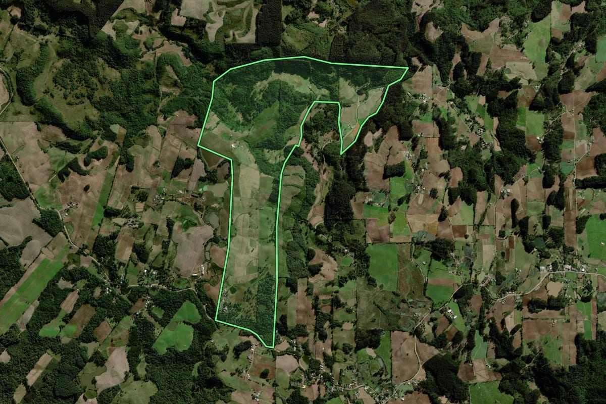 Imagem de satélite do imóvel rural em Boqueirão do Leão (RS), com o contorno declarado no CAR desenhado por cima.