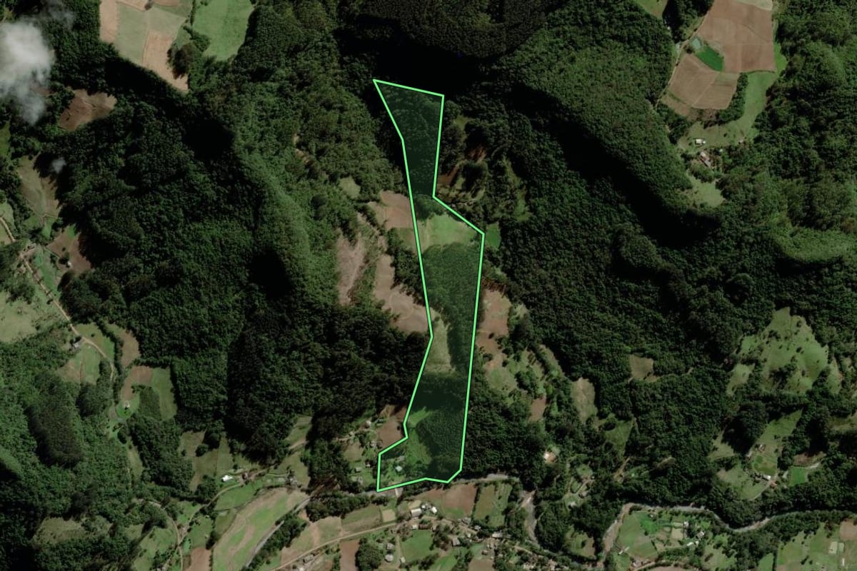 Imagem de satélite do imóvel rural em Boqueirão do Leão (RS), com o contorno declarado no CAR desenhado por cima.