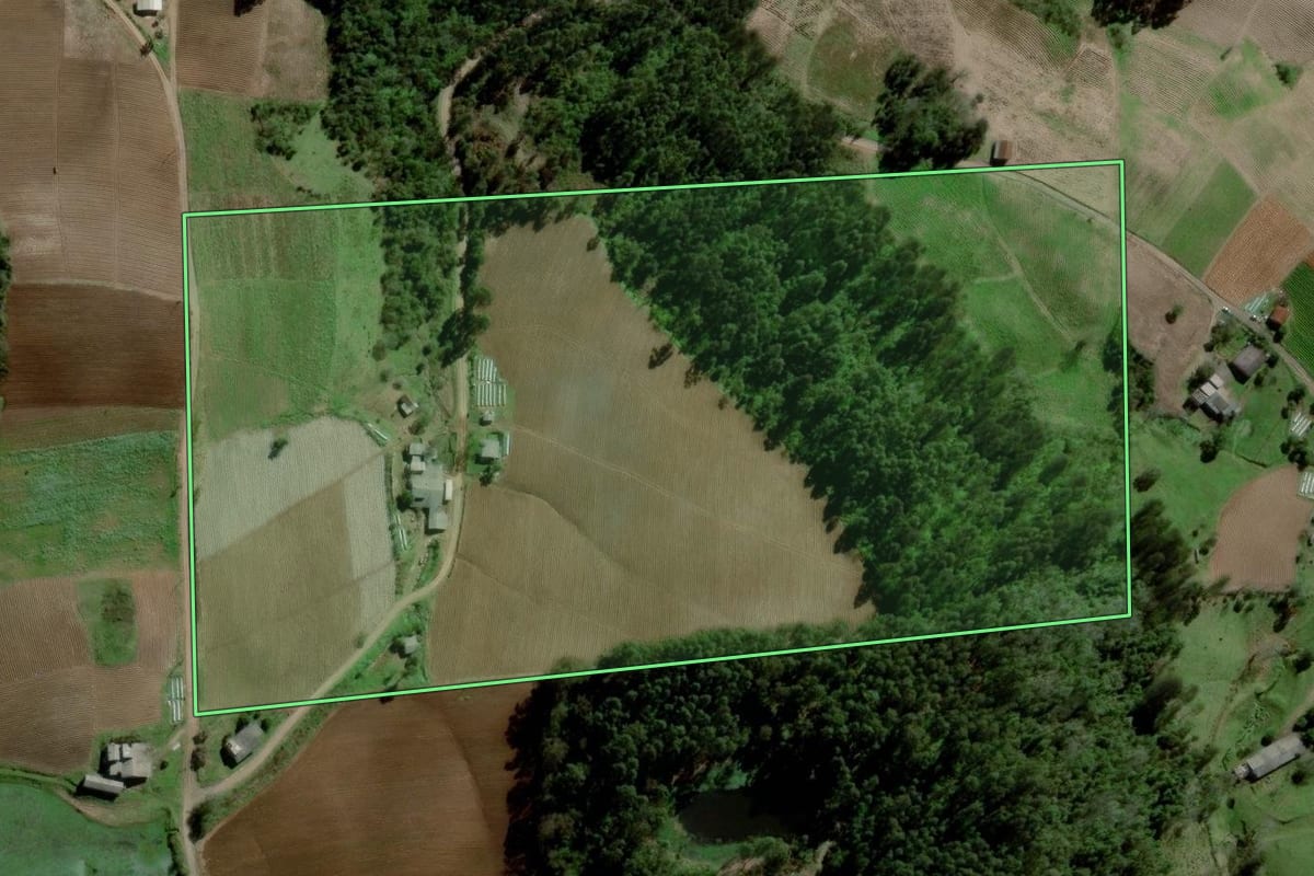 Imagem de satélite do imóvel rural em Boqueirão do Leão (RS), com o contorno declarado no CAR desenhado por cima.