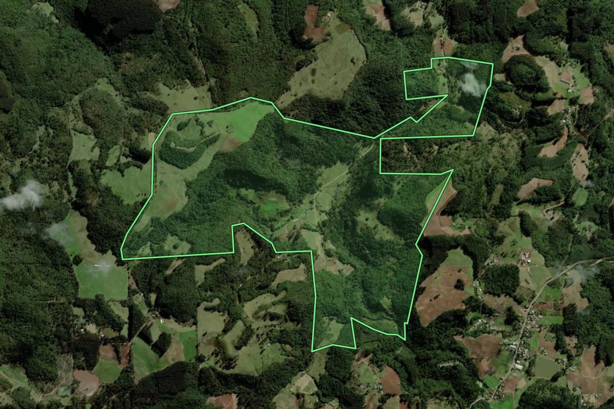 Imagem de satélite do imóvel rural em Boqueirão do Leão (RS), com o contorno declarado no CAR desenhado por cima.