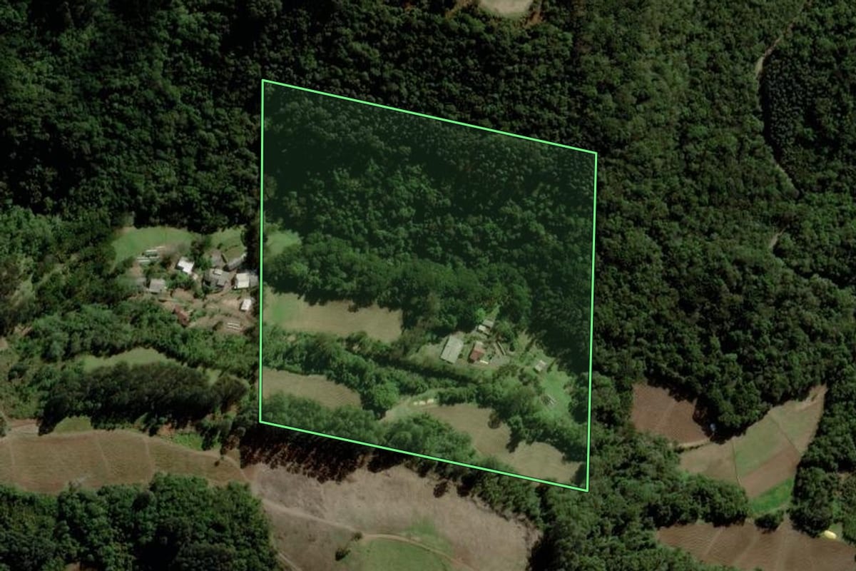 Imagem de satélite do imóvel rural em Boqueirão do Leão (RS), com o contorno declarado no CAR desenhado por cima.