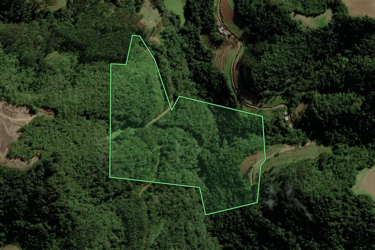 Imagem de satélite do imóvel rural em Boqueirão do Leão (RS), com o contorno declarado no CAR desenhado por cima.