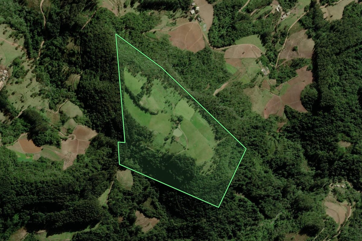 Imagem de satélite do imóvel rural em Boqueirão do Leão (RS), com o contorno declarado no CAR desenhado por cima.
