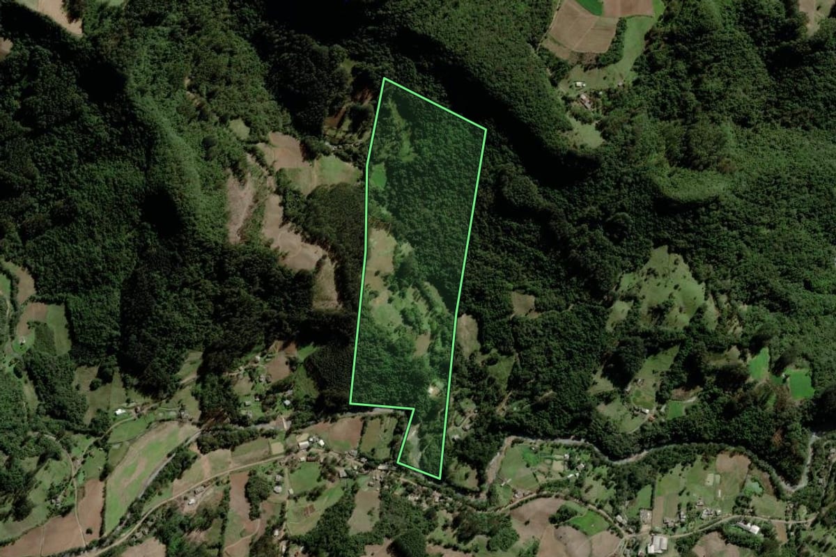 Imagem de satélite do imóvel rural em Boqueirão do Leão (RS), com o contorno declarado no CAR desenhado por cima.