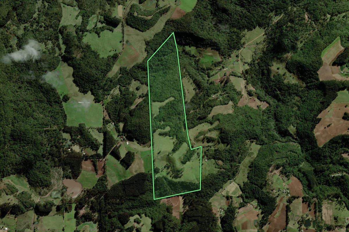 Imagem de satélite do imóvel rural em Boqueirão do Leão (RS), com o contorno declarado no CAR desenhado por cima.