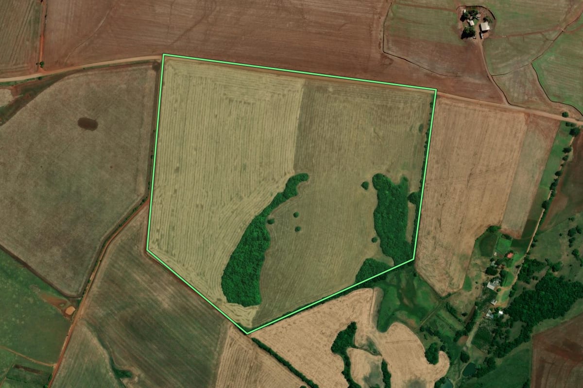 Imagem de satélite do imóvel rural em Bossoroca (RS), com o contorno declarado no CAR desenhado por cima.
